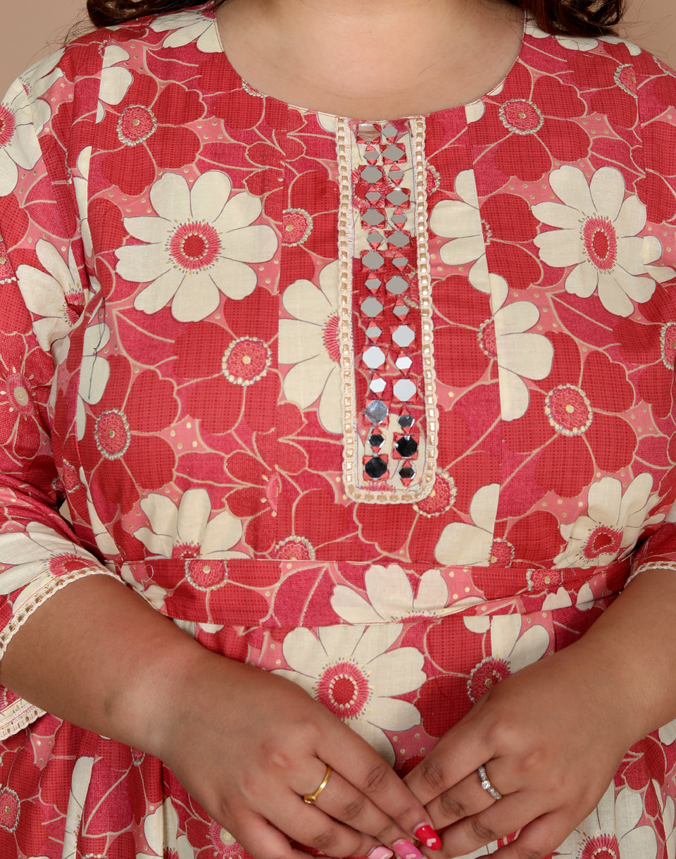 Plus Size Women's Printed Anarkali kurta Set ( Coral )