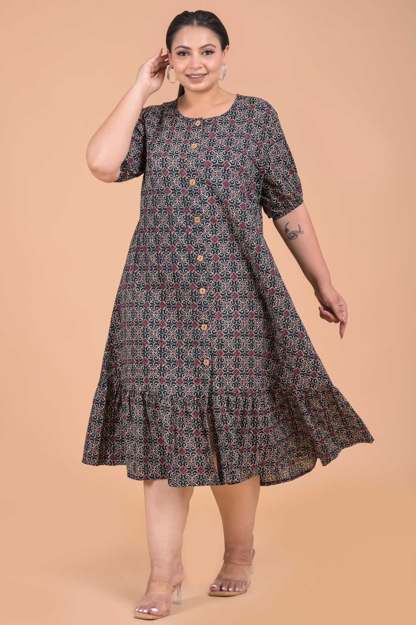 Women Block Print Pure Cotton Anarkali Kurta ( Black )