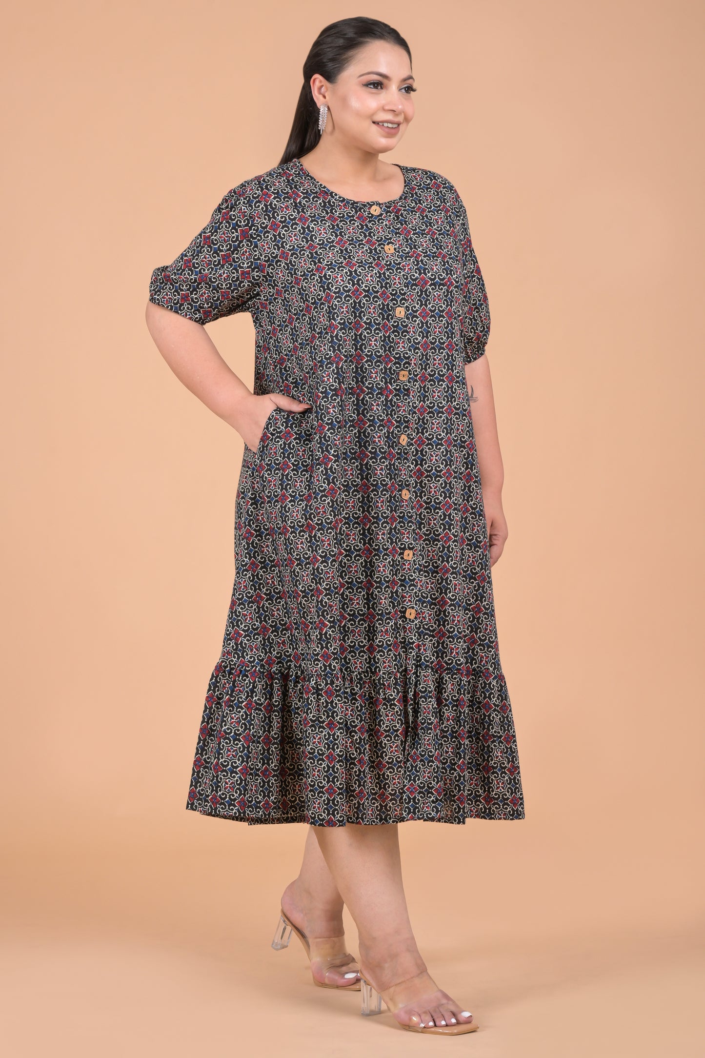 Women Block Print Pure Cotton Anarkali Kurta ( Black )