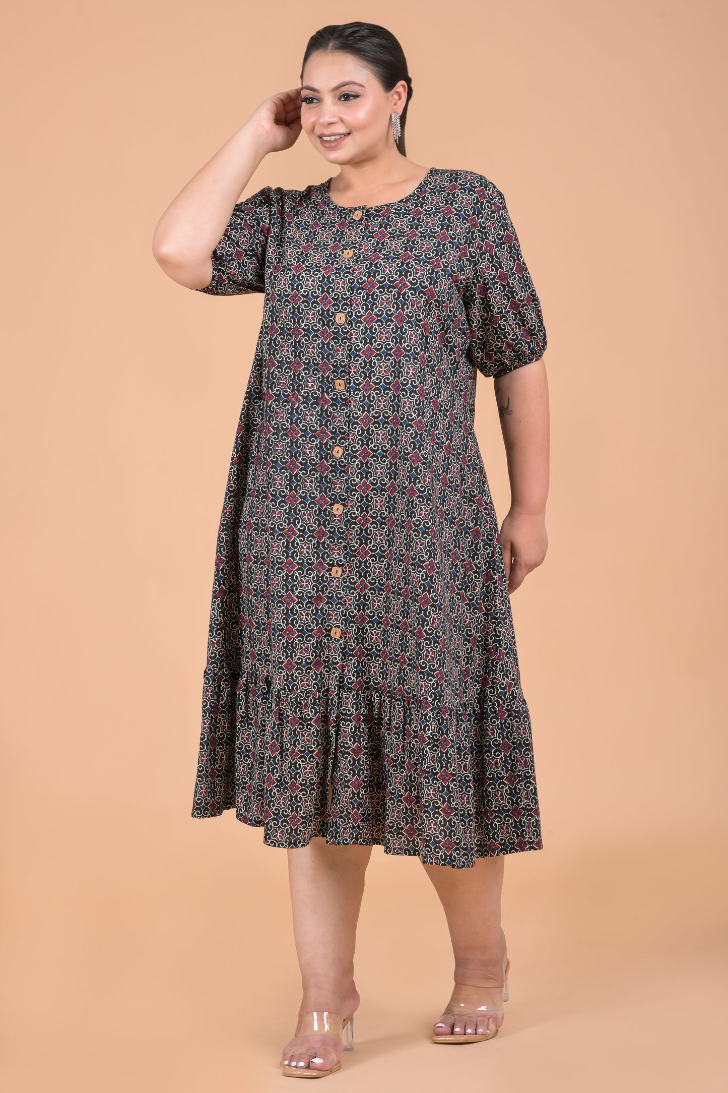 Women Block Print Pure Cotton Anarkali Kurta ( Black )
