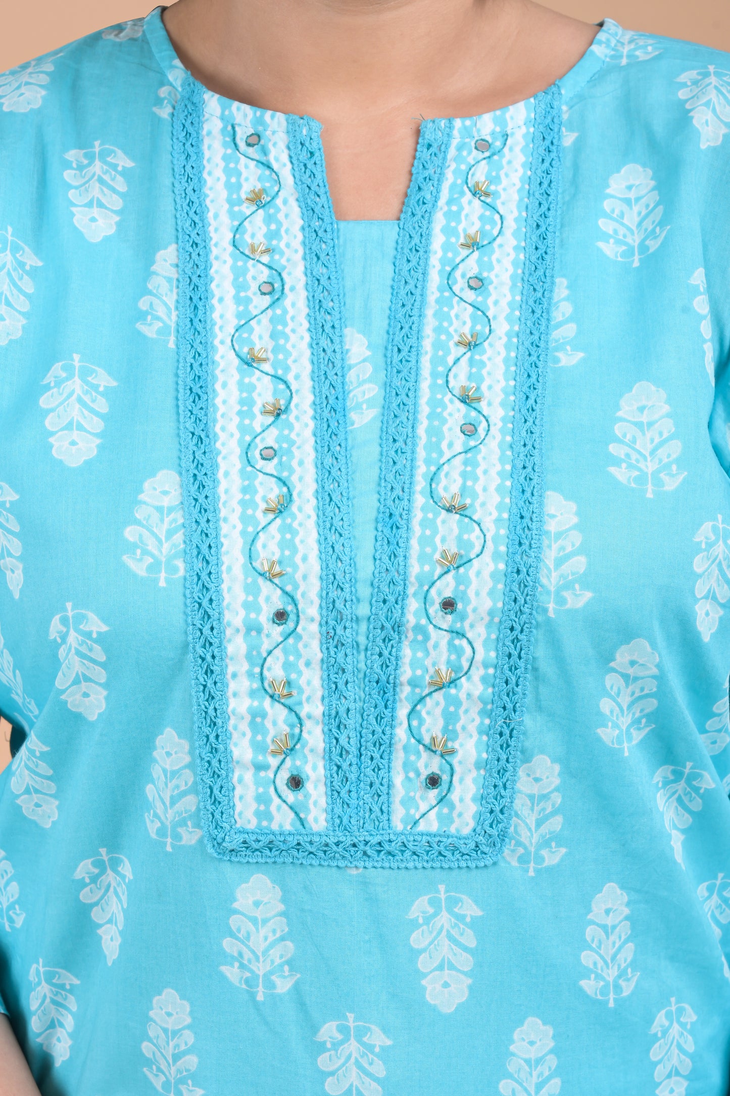 Women Pure Cotton Kurta Pant Dupatta Set ( Blue )