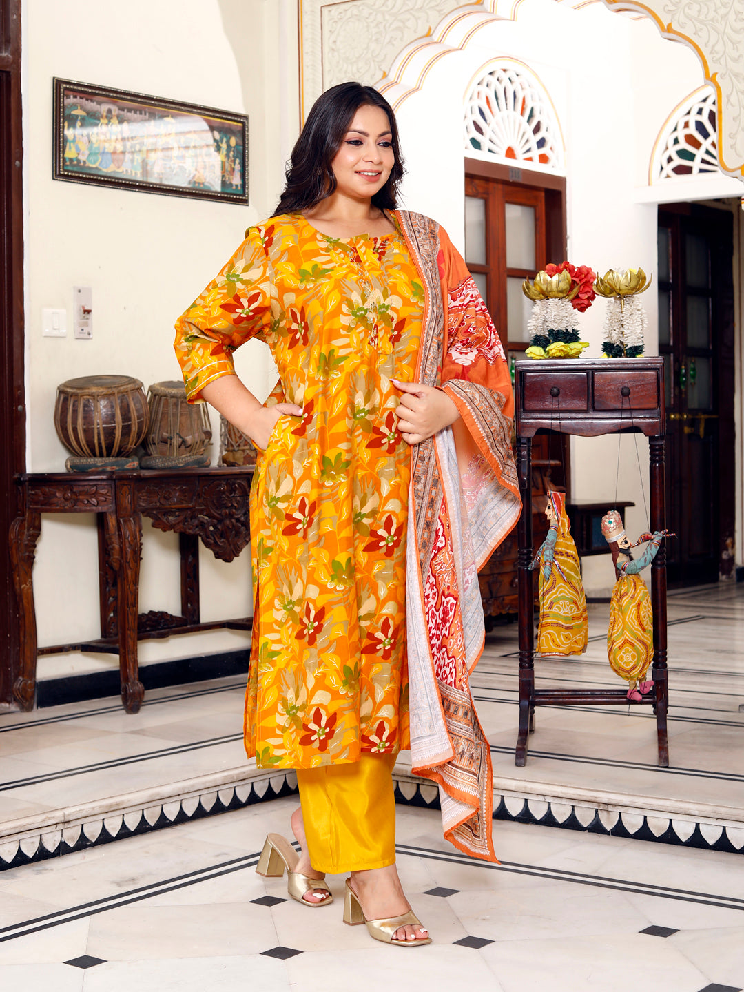 Women Kurta Pant Dupatta Set ( Mustard )