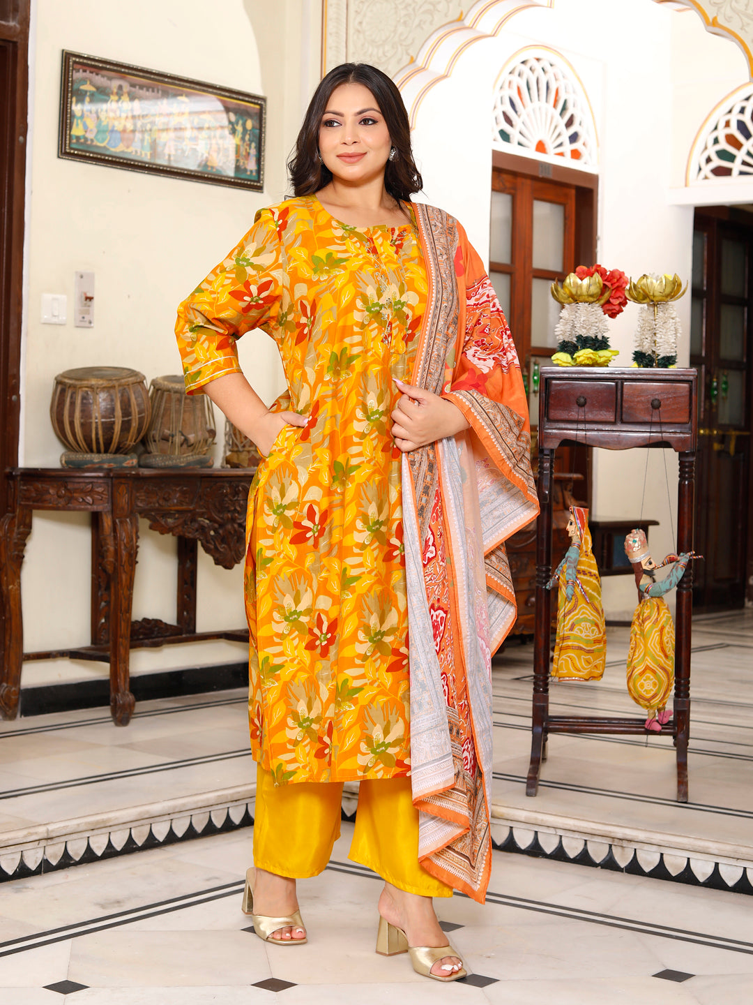 Women Kurta Pant Dupatta Set ( Mustard )