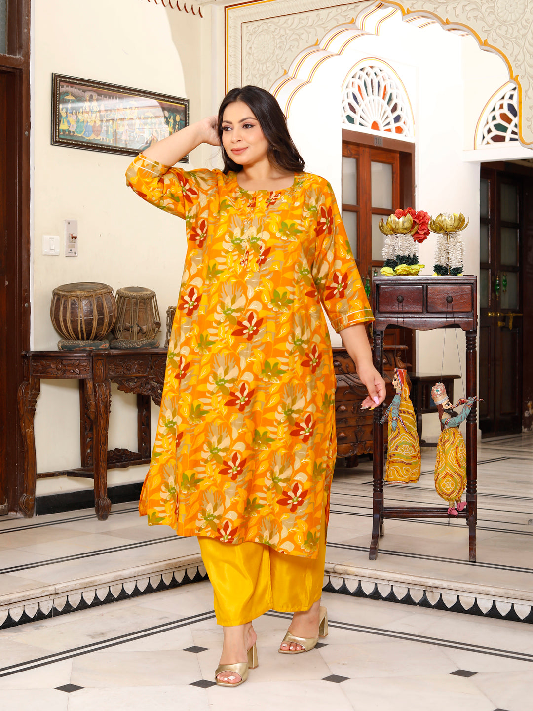 Women Kurta Pant Dupatta Set ( Mustard )