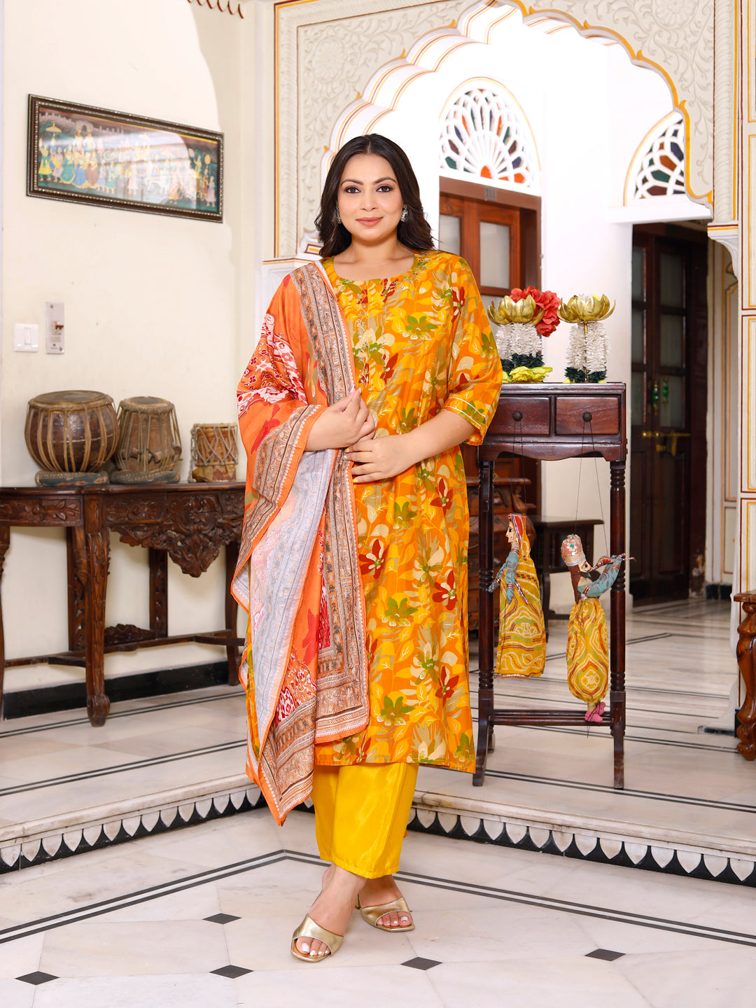 Women Kurta Pant Dupatta Set ( Mustard )
