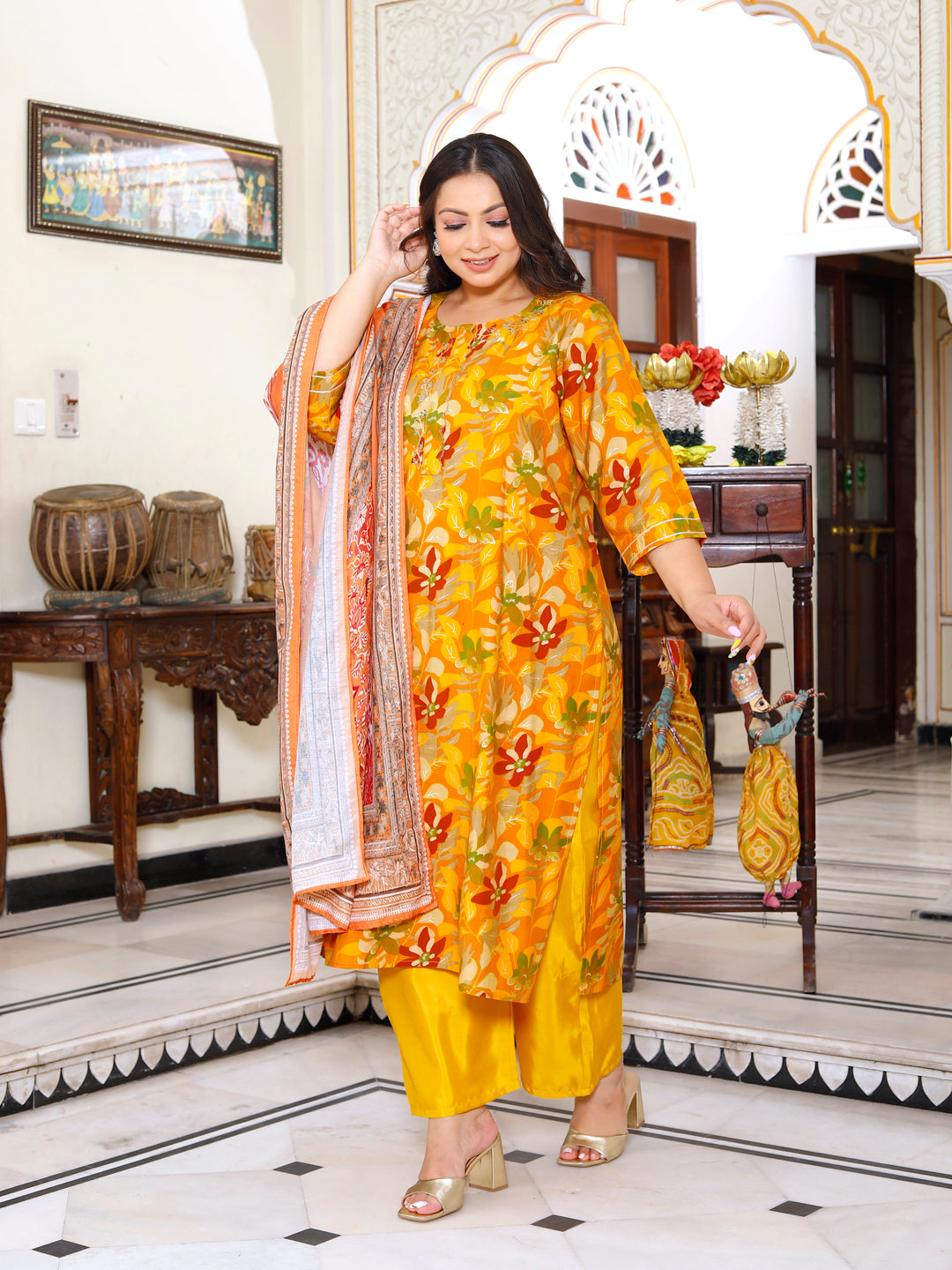 Women Kurta Pant Dupatta Set ( Mustard )