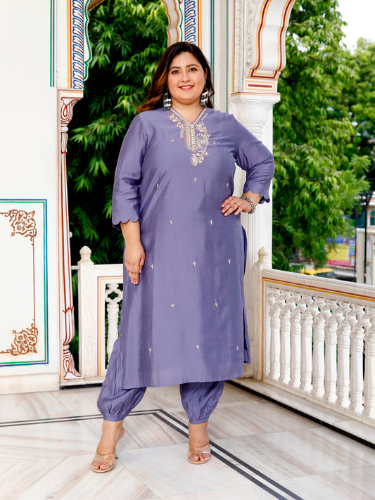 Women Pure Cotton Kurta Pant Dupatta Set ( Blue )