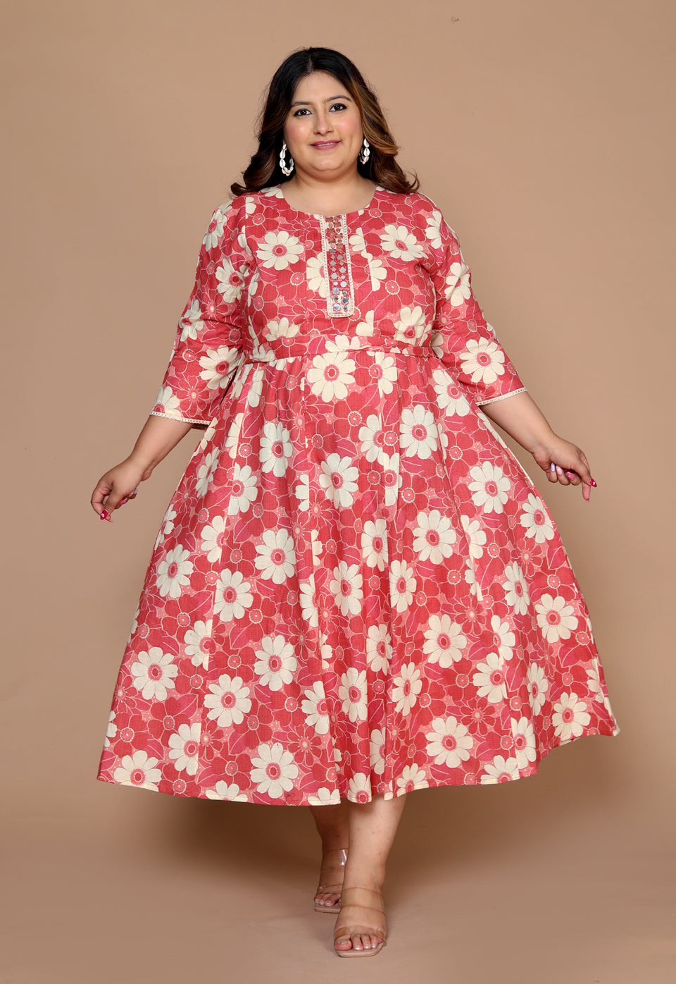 Plus Size Women's Printed Anarkali kurta Set ( Coral )