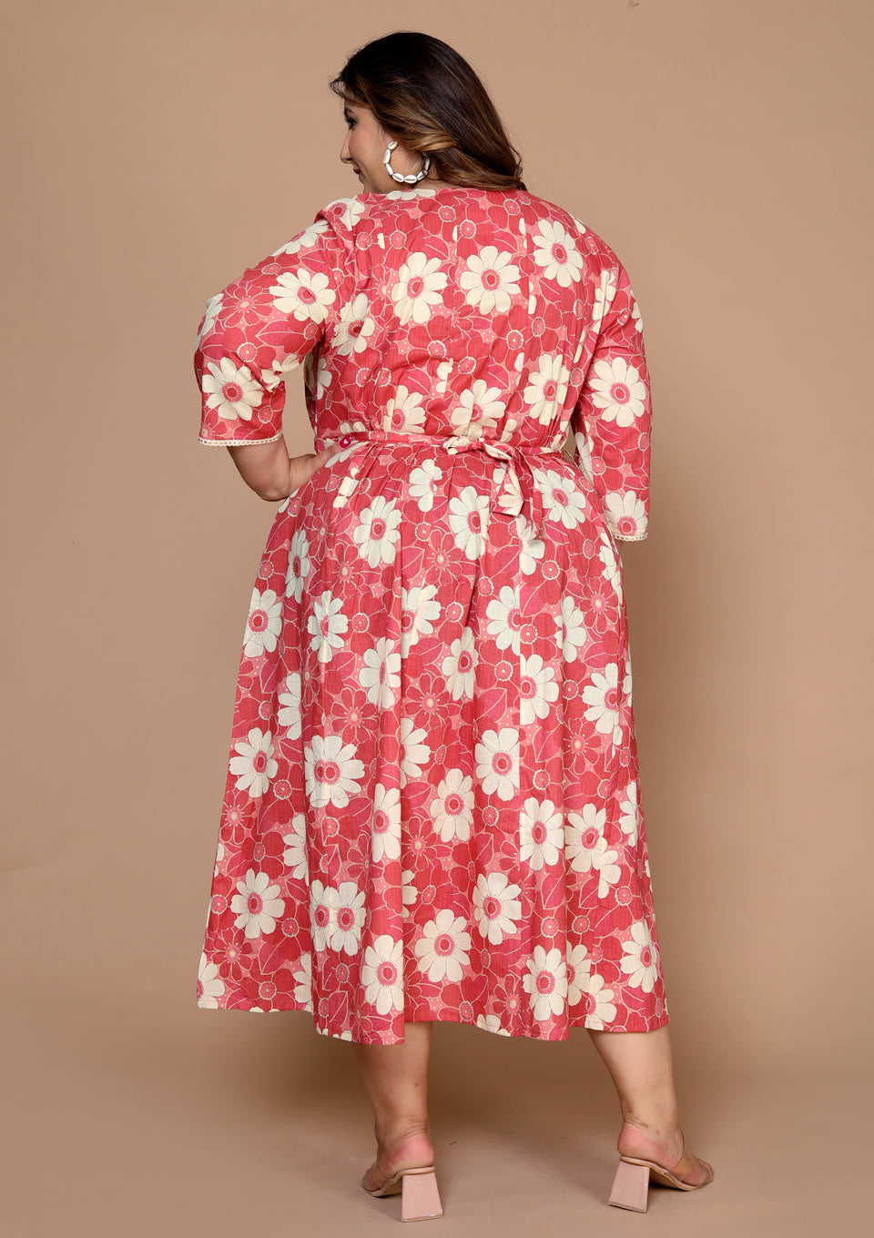 Plus Size Women's Printed Anarkali kurta Set ( Coral )