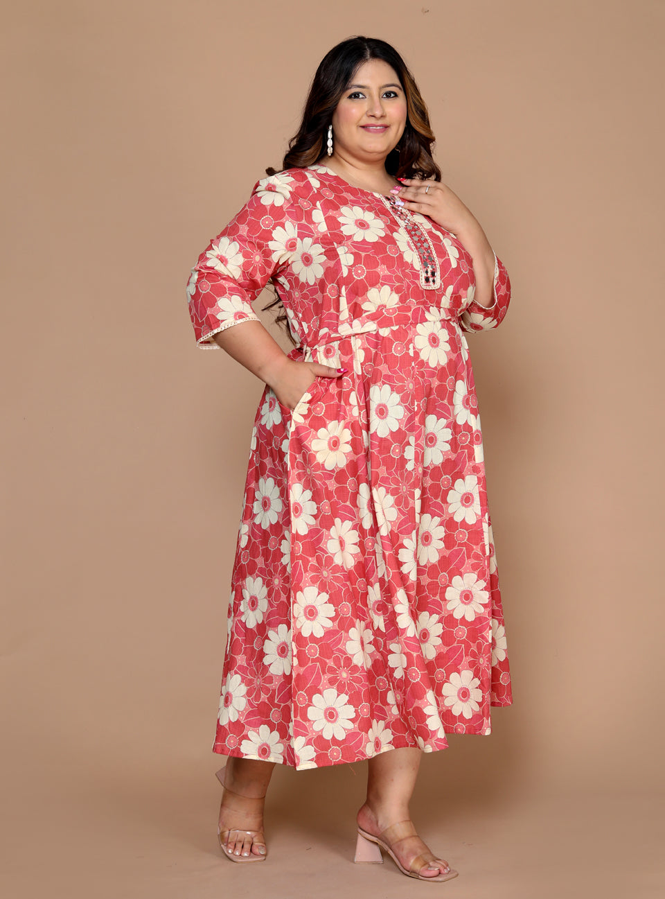 Plus Size Women's Printed Anarkali kurta Set ( Coral )
