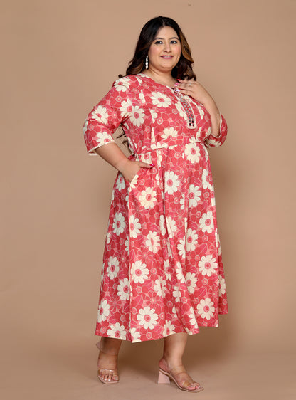 Plus Size Women's Printed Anarkali kurta Set ( Coral )