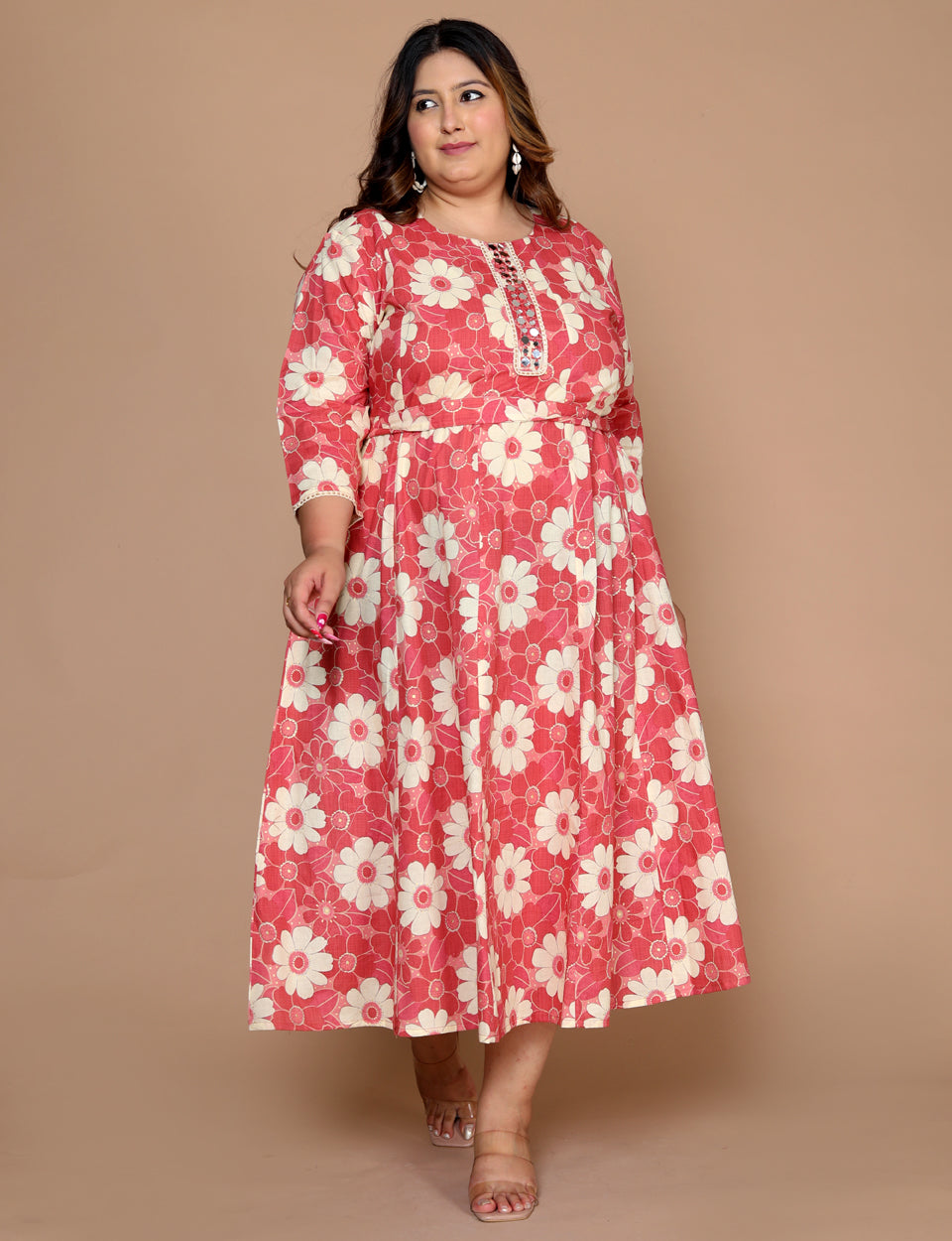 Plus Size Women's Printed Anarkali kurta Set ( Coral )