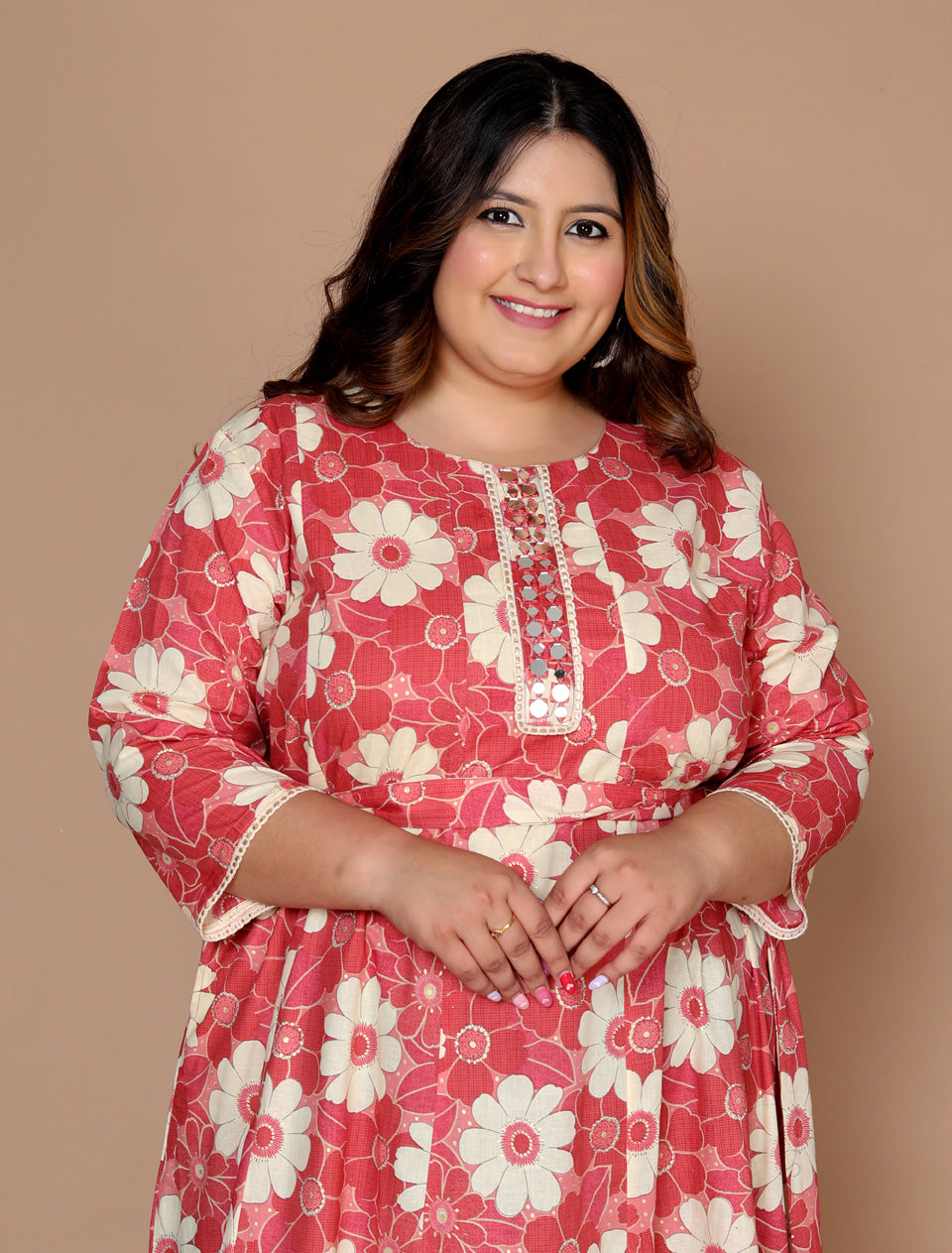 Plus Size Women's Printed Anarkali kurta Set ( Coral )