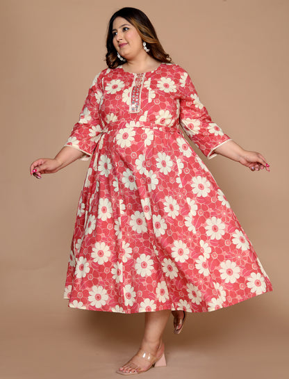 Plus Size Women's Printed Anarkali kurta Set ( Coral )