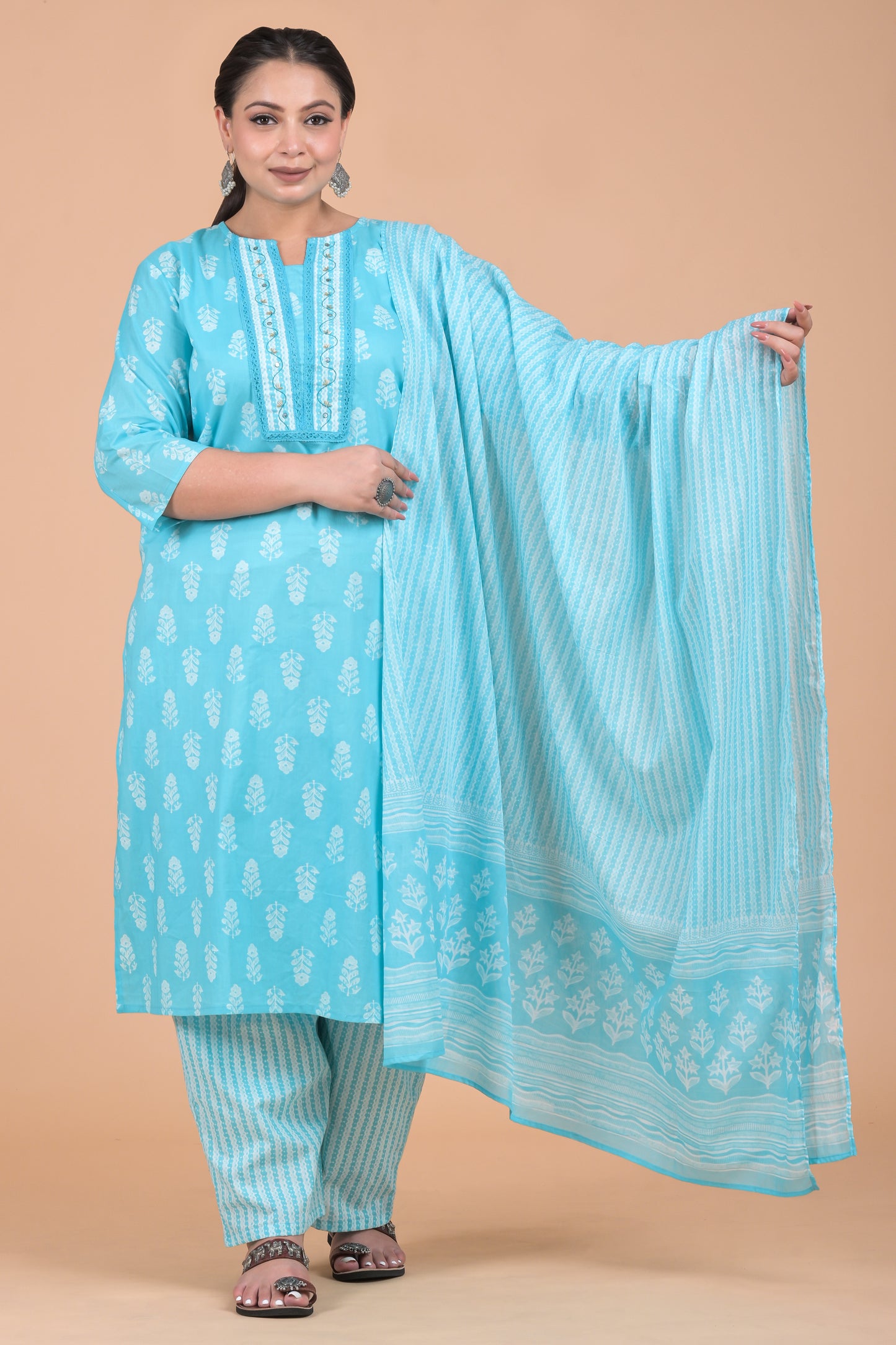 Women Pure Cotton Kurta Pant Dupatta Set ( Blue )
