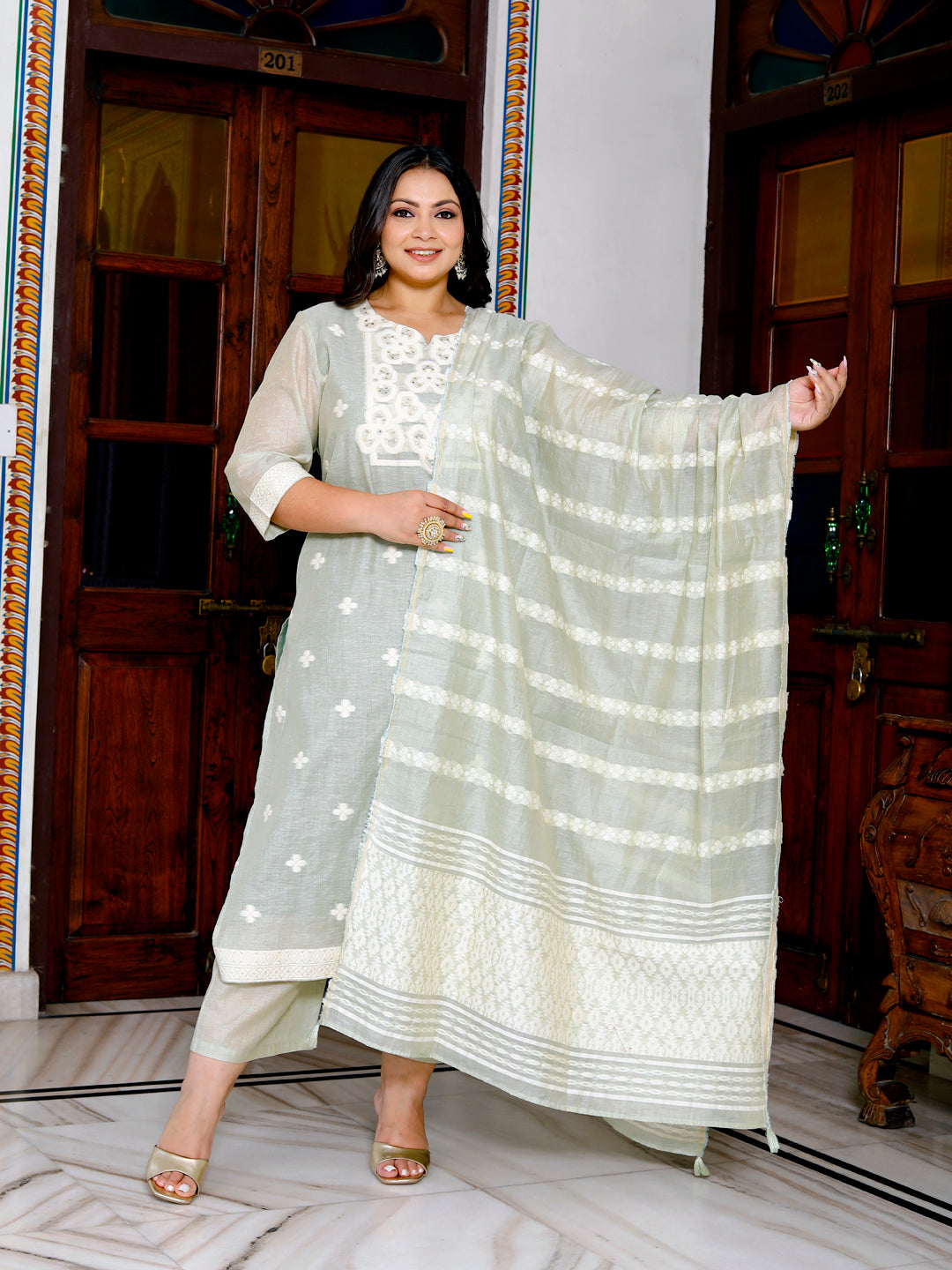 Women Pure Cotton Kurta Pant Dupatta Set ( Lima Green )