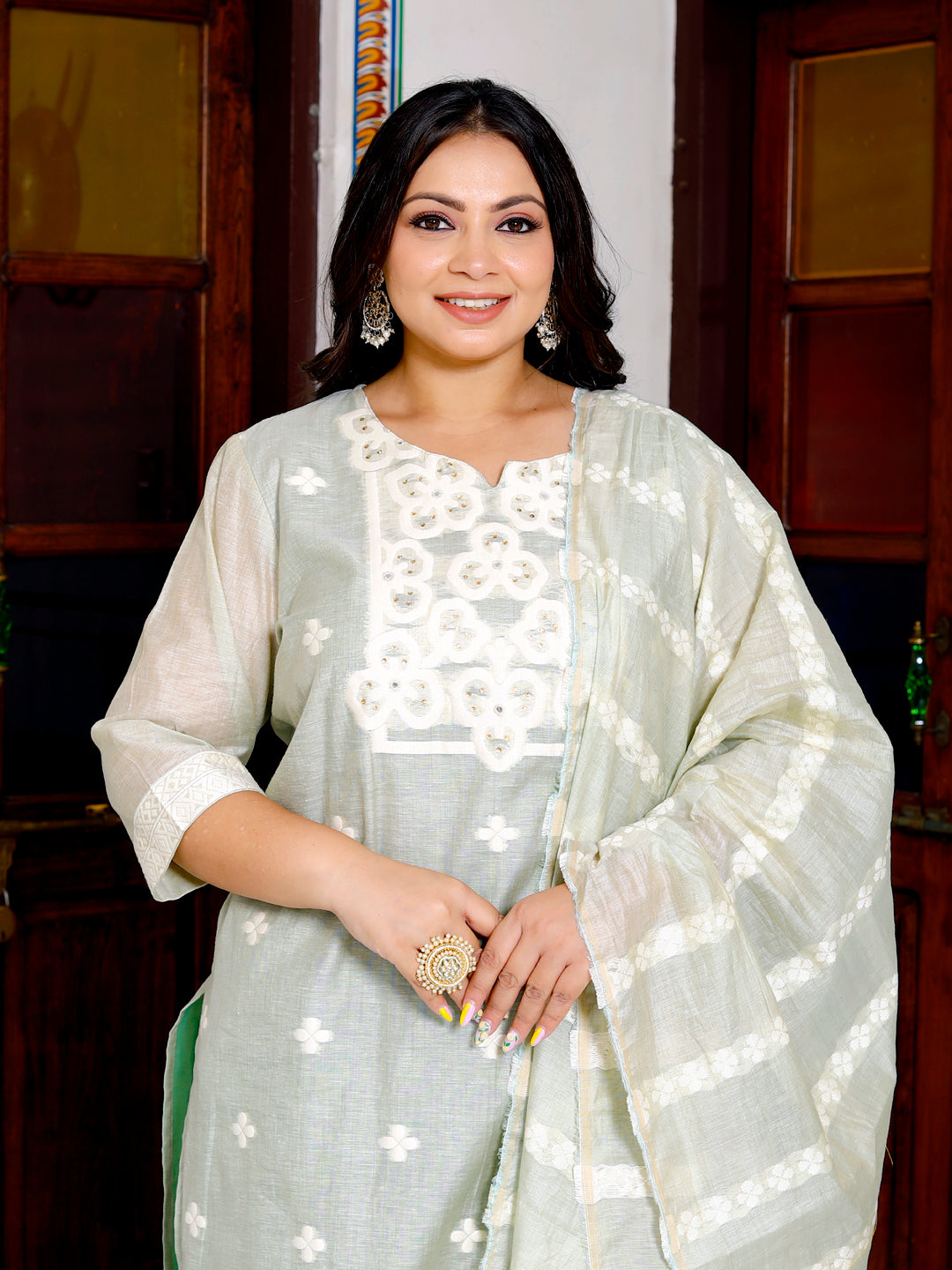 Women Pure Cotton Kurta Pant Dupatta Set ( Lima Green )