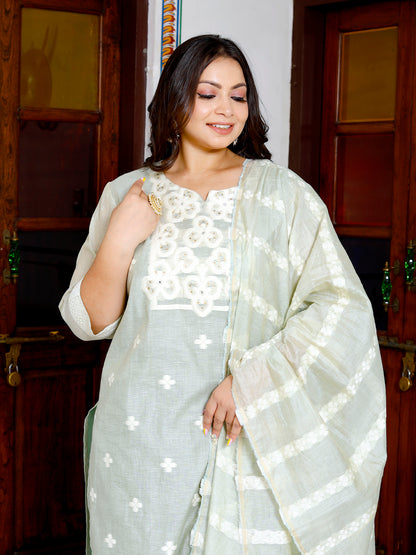 Women Pure Cotton Kurta Pant Dupatta Set ( Lima Green )