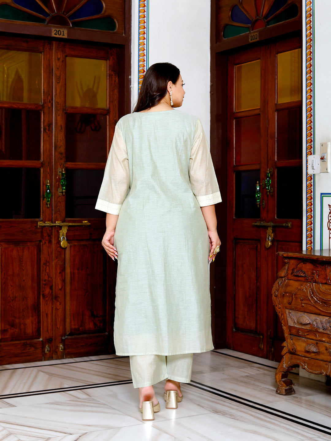 Women Pure Cotton Kurta Pant Dupatta Set ( Lima Green )
