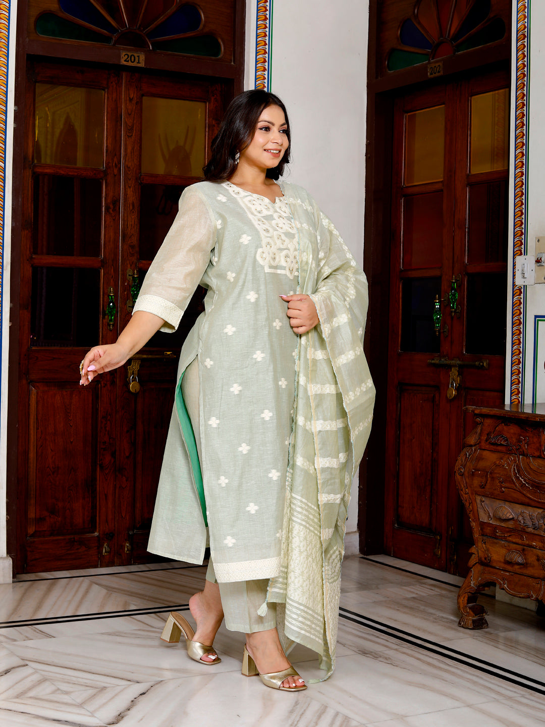 Women Pure Cotton Kurta Pant Dupatta Set ( Lima Green )