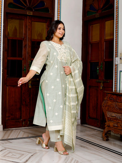 Women Pure Cotton Kurta Pant Dupatta Set ( Lima Green )