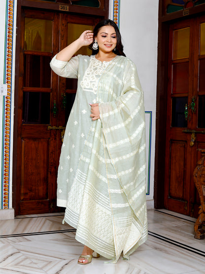 Women Pure Cotton Kurta Pant Dupatta Set ( Lima Green )