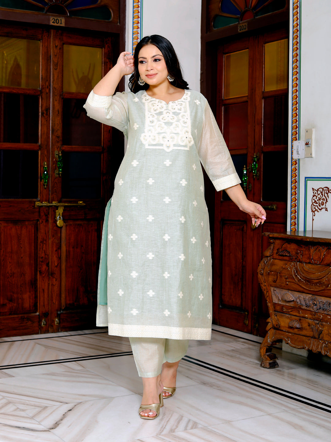 Women Pure Cotton Kurta Pant Dupatta Set ( Lima Green )