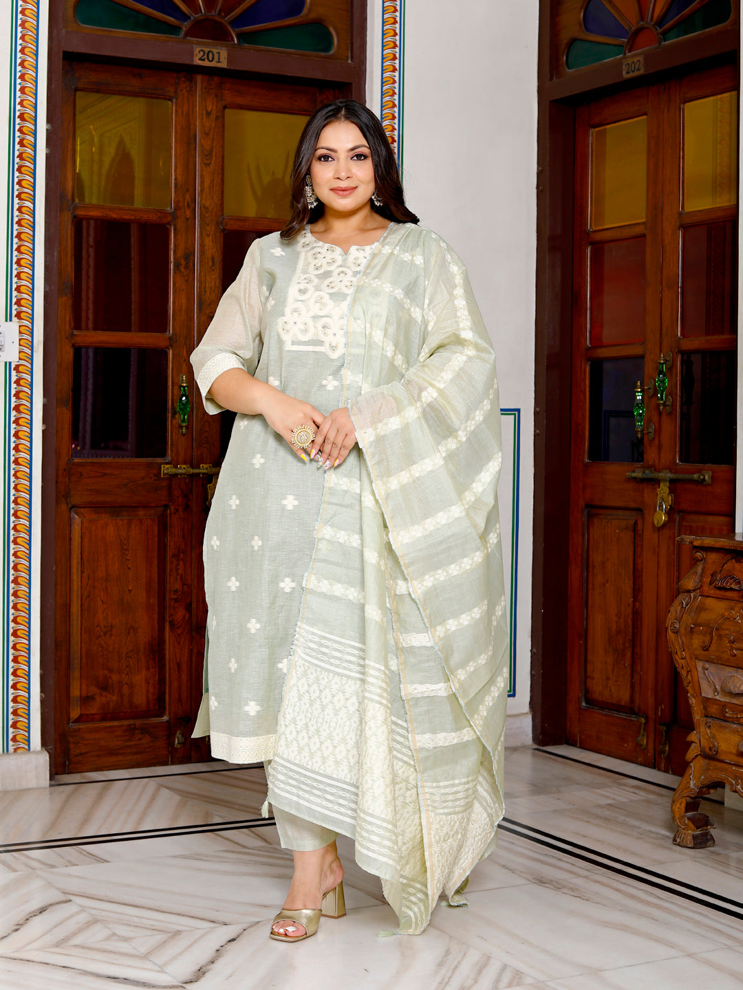 Women Pure Cotton Kurta Pant Dupatta Set ( Lima Green )