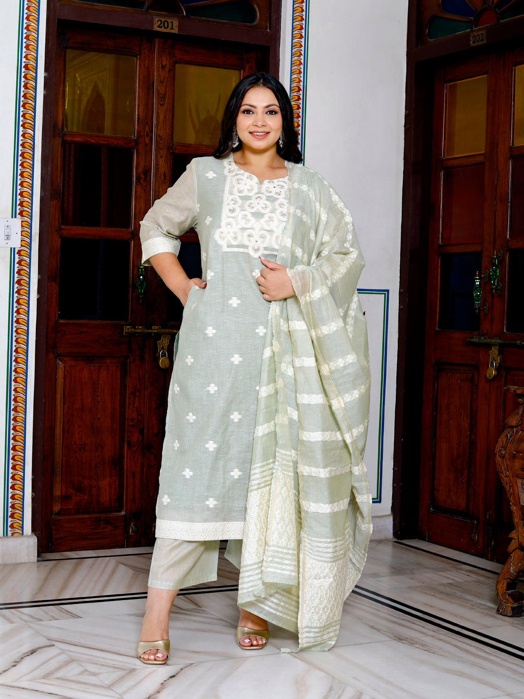Women Pure Cotton Kurta Pant Dupatta Set ( Lima Green )