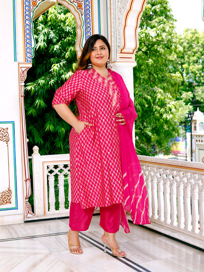 Women Kurta Pant Dupatta Set ( Pink )