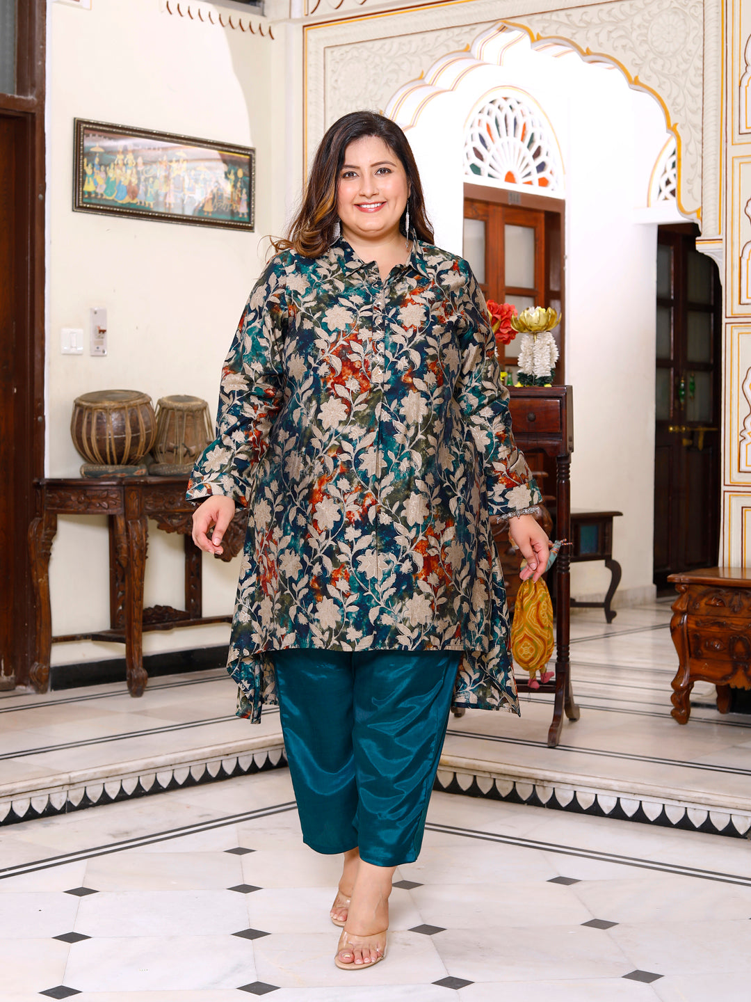 Floral Print High-Low Teal Kurta Set for Women