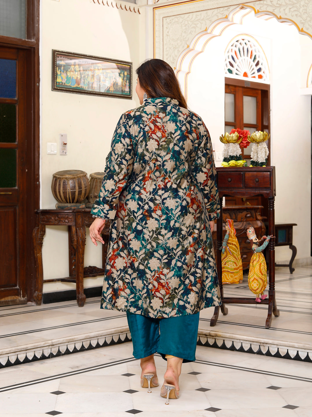 Floral Print High-Low Teal Kurta Set for Women