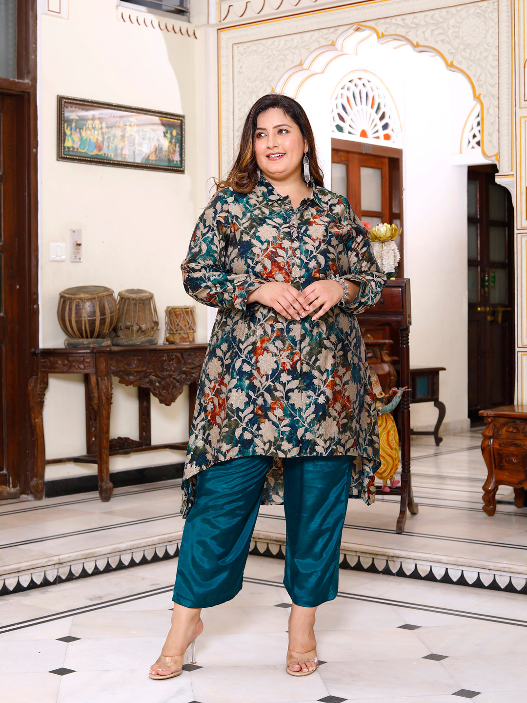 Floral Print High-Low Teal Kurta Set for Women