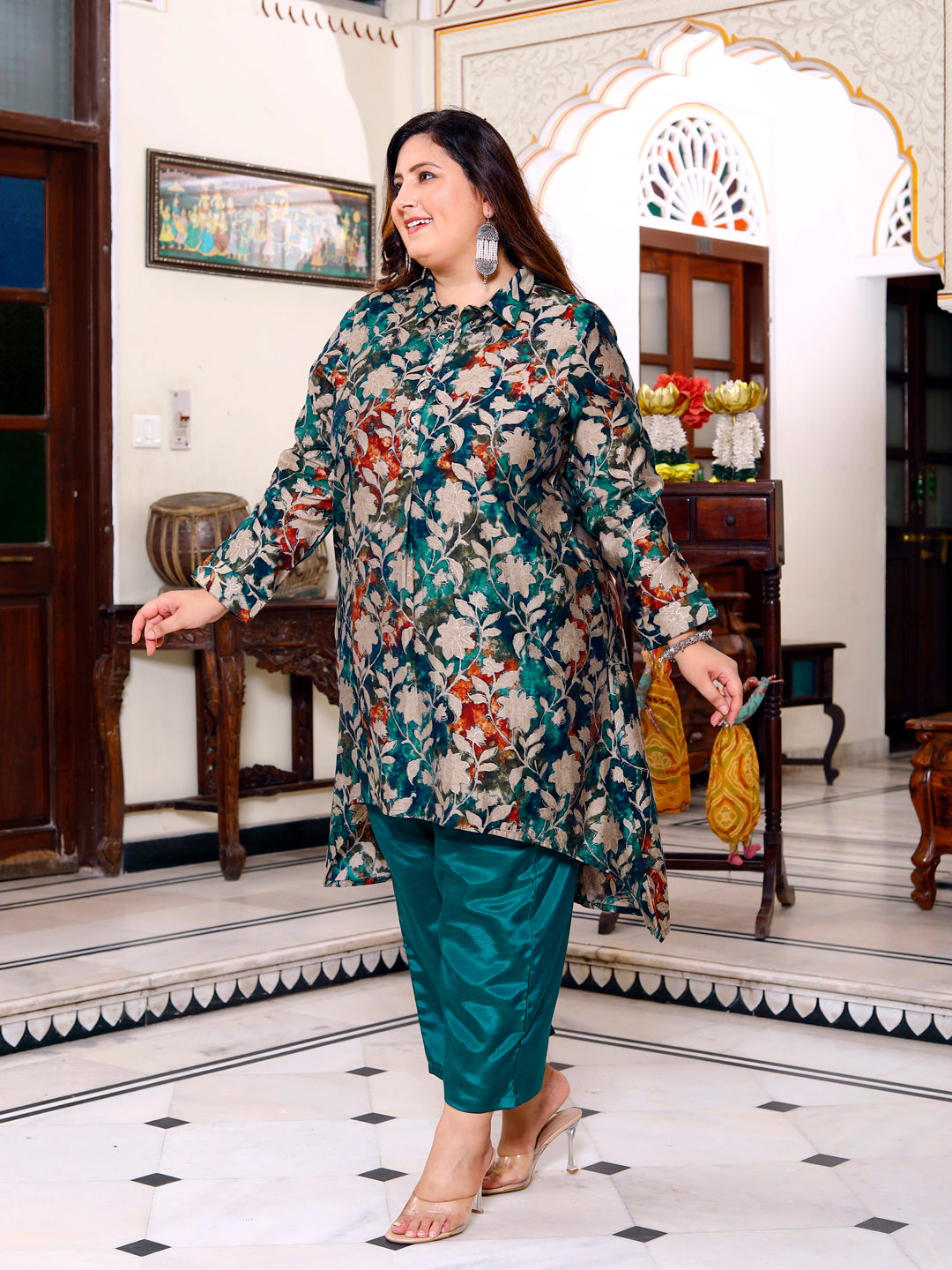 Floral Print High-Low Teal Kurta Set for Women
