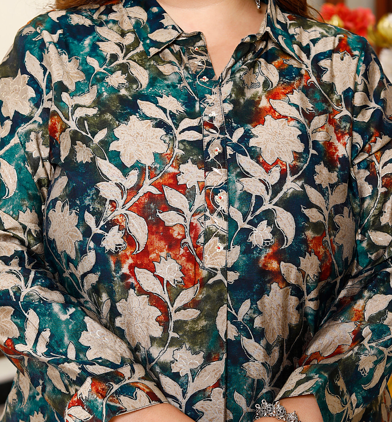 Floral Print High-Low Teal Kurta Set for Women