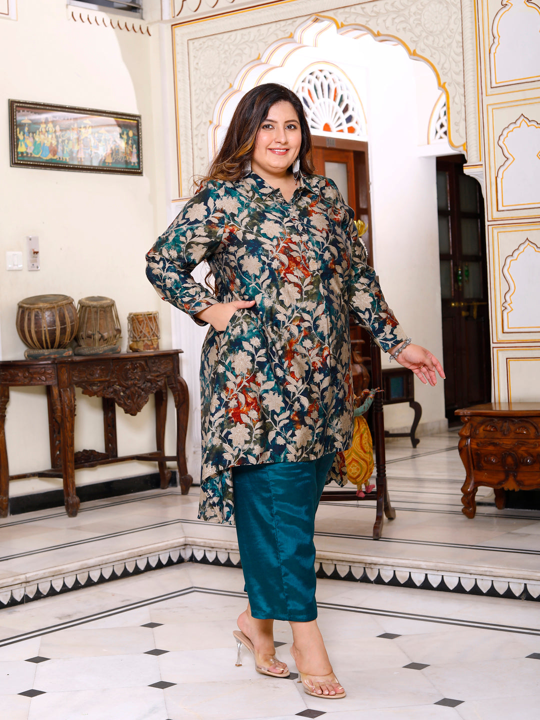 Floral Print High-Low Teal Kurta Set for Women