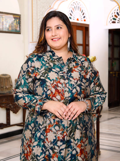 Floral Print High-Low Teal Kurta Set for Women