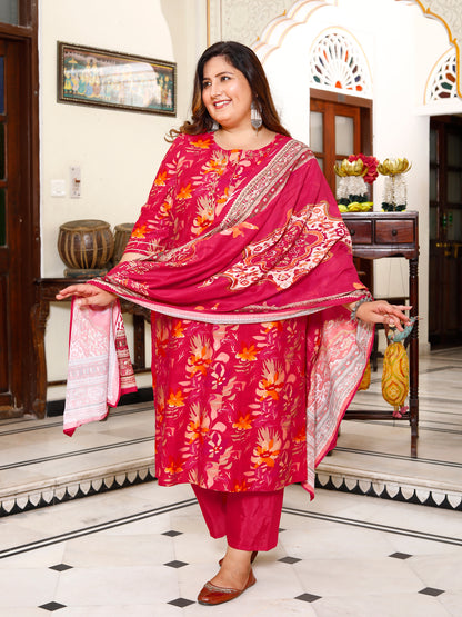Women Muslin Kurta Pant Dupatta Set ( Red )
