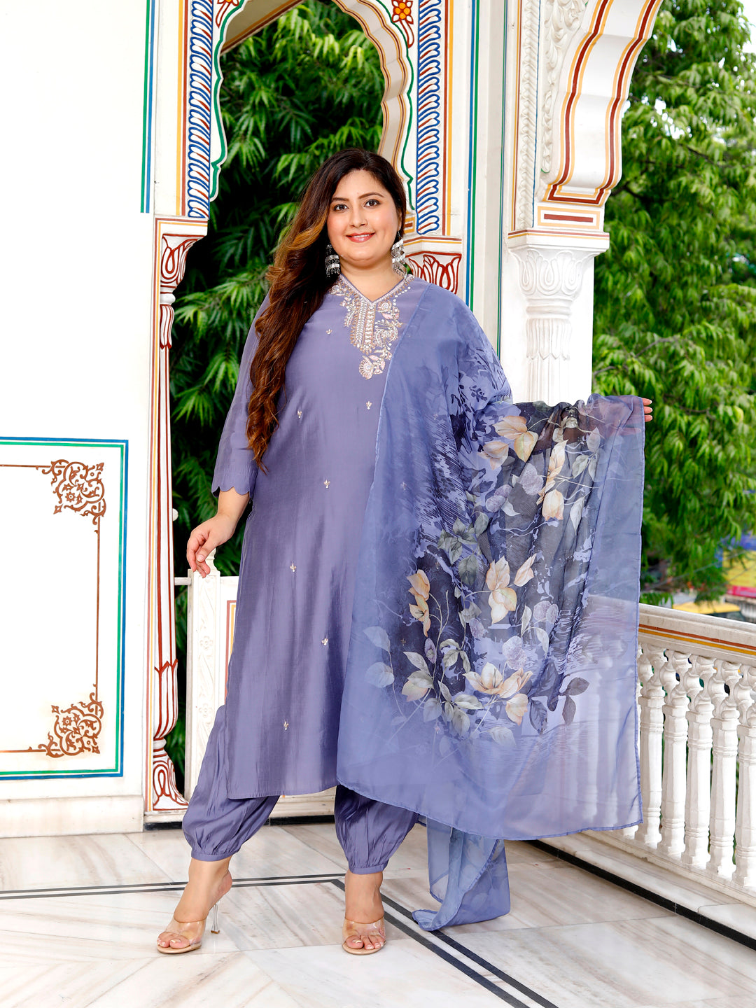 Women Pure Cotton Kurta Pant Dupatta Set ( Blue )