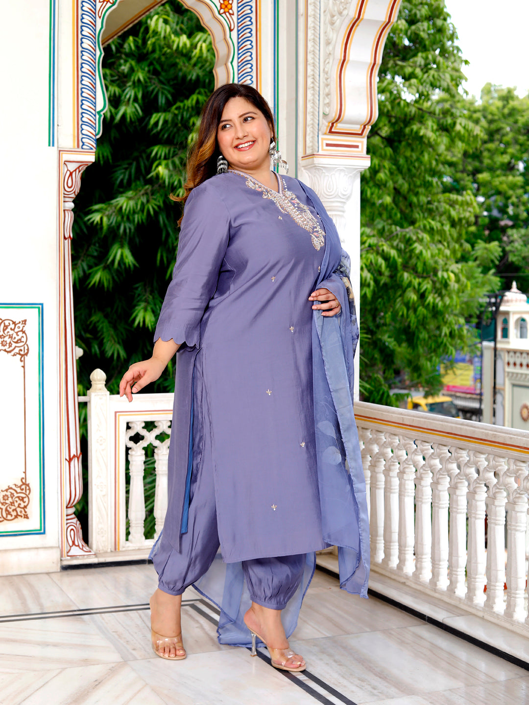 Women Pure Cotton Kurta Pant Dupatta Set ( Blue )