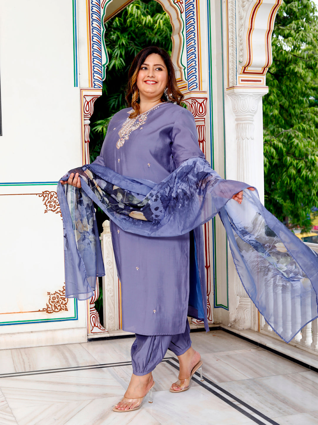 Women Pure Cotton Kurta Pant Dupatta Set ( Blue )