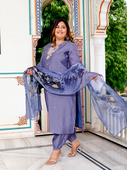 Women Pure Cotton Kurta Pant Dupatta Set ( Blue )