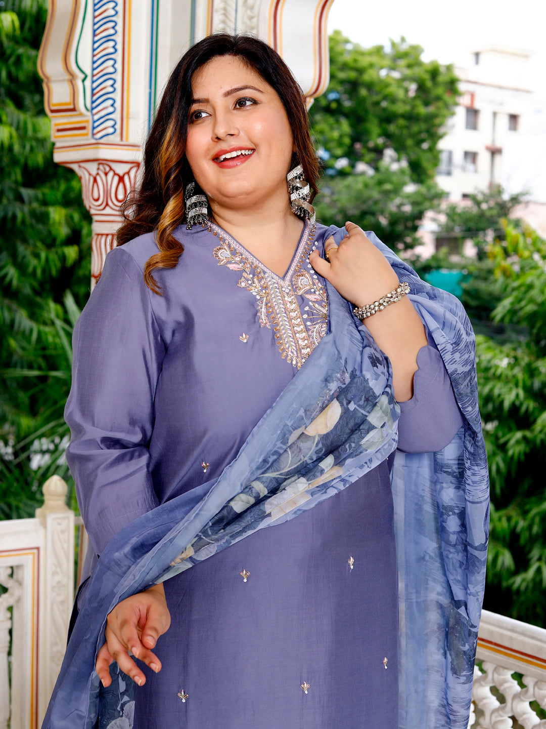 Women Pure Cotton Kurta Pant Dupatta Set ( Blue )